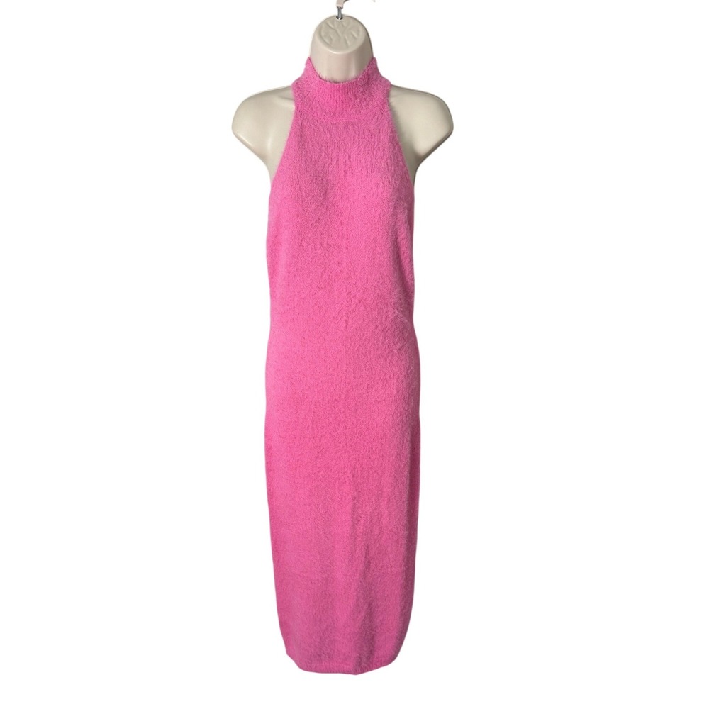 Lilly's Kloset Eyelash Knit Halter Maxi Dress Pink Sz L Bodycon Cocktail Party